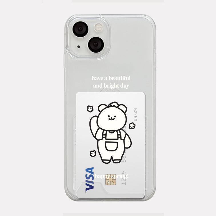 해피스프링 모모베어 디자인 [투명 카드수납 폰케이스]아이폰14 13 12 미니 mini 엑스 프로 pro max 맥스 갤럭시 Z플립 스마트 변색없는 젤리 감성